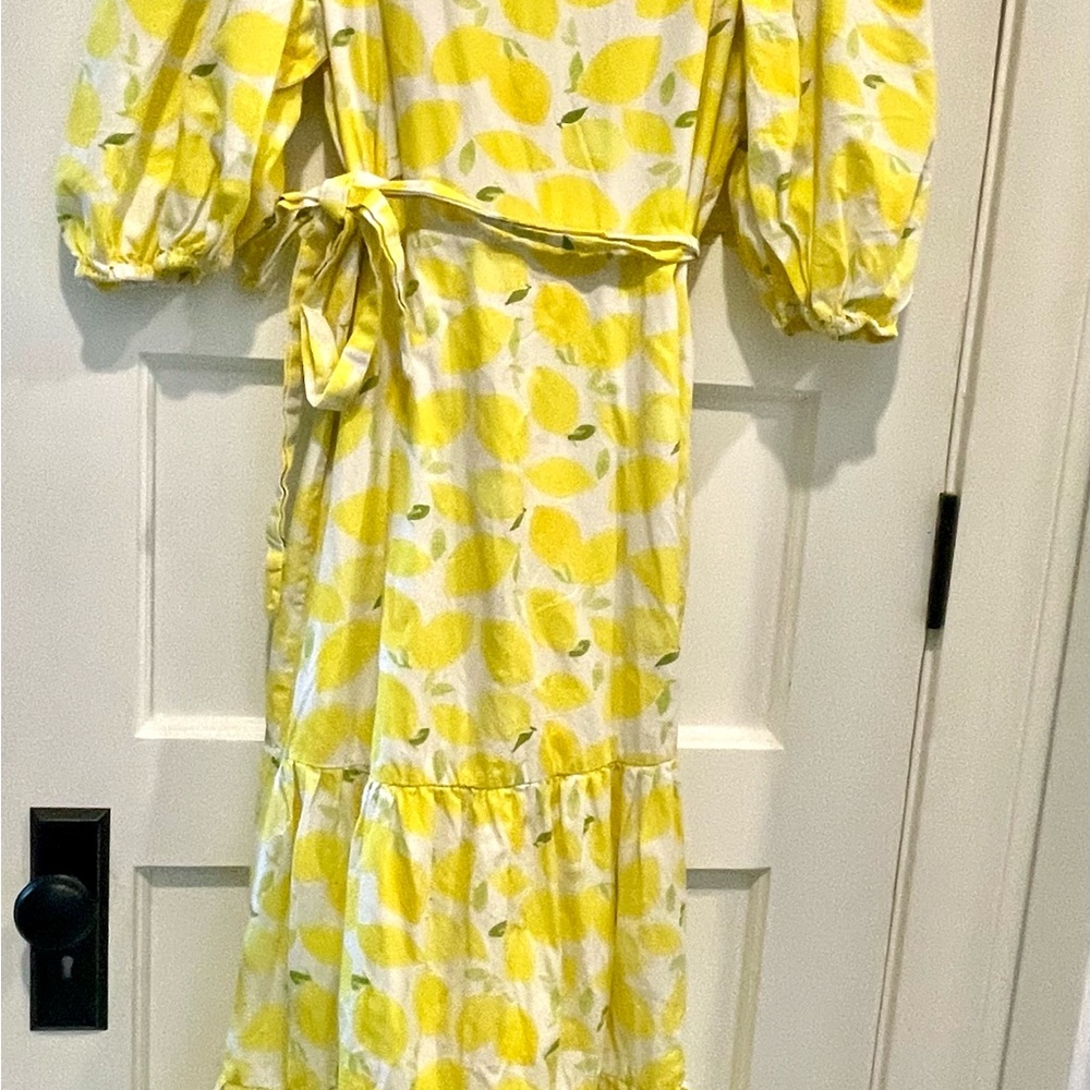 Hutch Anthropologie Yellow Lemon Print Tiered Wrap Midi Dress - Picture 7 of 7